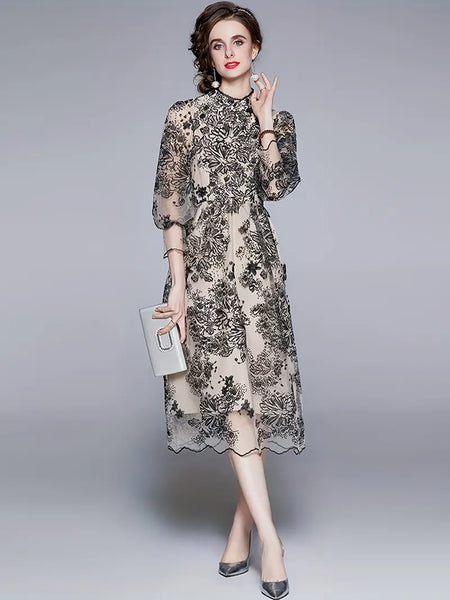 Black Half Sleeve Lace Semi Sheer Party Dress