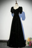 V Neck A Line Black Velvet Sequin Prom Dress