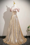 A Line Off the Shoulder Champagne Sequin Prom Dress