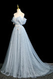 A Line Blue Tulle Flowers Off The Shoulder Prom Dress