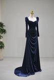 Long Sleeve Navy Velvet Ruched Floor Length Prom Dress
