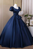 Navy Blue Satin Short Sleeve A Line Prom Dress