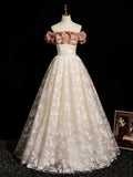 Off Shoulder Tulle Floral Champagne A Line  Prom Dress