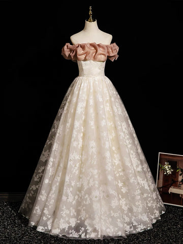 Off Shoulder Tulle Floral Champagne A Line  Prom Dress