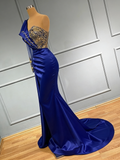Long Sleeves Royal Blue One Shoulder Satin Mermaid Prom Dress