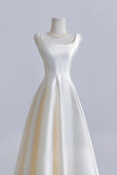 White Satin Tea Length Boat A Line Prom Dress