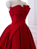 A-Line Satin Burgundy Ruched Strapless Prom Dress