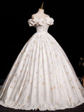 Off Shoulder Satin Light Champagne Print A Line Prom Dress