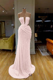 Ruched Silver Sequin Strapless Mermaid Prom Dress With Slit
