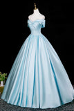 Blue A Line Backless Satin Off The Shoulder Prom Dress