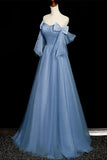 Bow A-Line Blue Tulle Sparkle Prom Dress