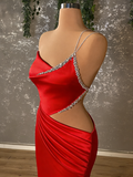 Crystal Vibrant Red One Shoulder Satin Mermaid Prom Dress