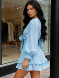 Light Blue V Neck Knotted Tiered Chiffon Long Sleeve Mini Dress