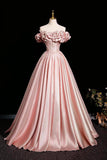 Pink Satin A Line Ruffles Off The Shoulder Prom Dress