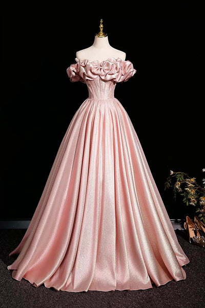 Pink Satin A Line Ruffles Off The Shoulder Prom Dress