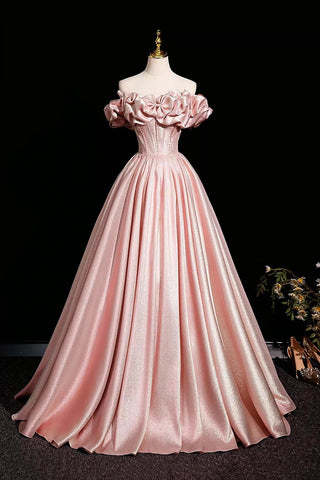 Pink Satin A Line Ruffles Off The Shoulder Prom Dress