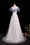 Shiny Tulle Sequin A Line Gray Evening Prom Dress