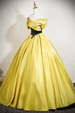 Yellow Satin Black Lace A Line Off the Shoulder Prom Dress