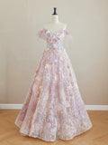 A Line Tulle Lace Flower Pink Beading Prom Dress