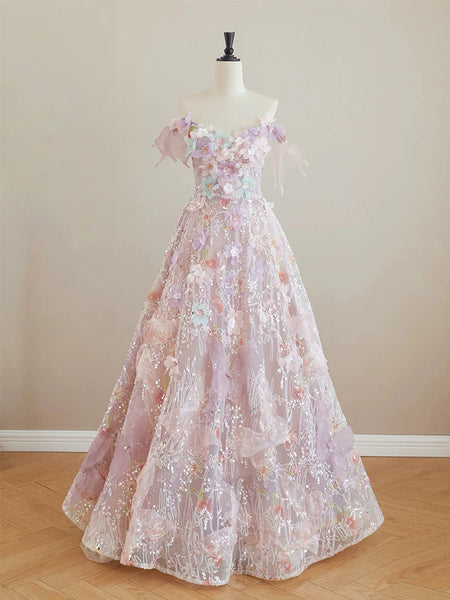 A Line Tulle Lace Flower Pink Beading Prom Dress