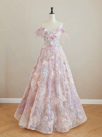 A Line Tulle Lace Flower Pink Beading Prom Dress