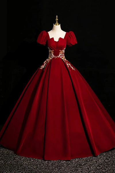 Burgundy Velvet Lace A Line Short Sleeve Prom Dress