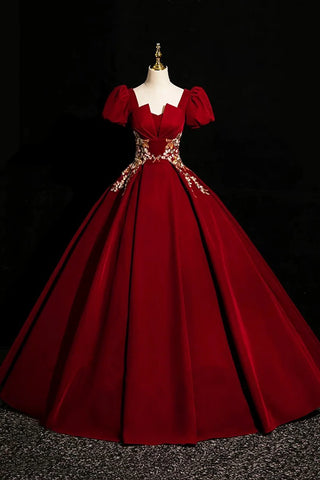 Burgundy Velvet Lace A Line Short Sleeve Prom Dress