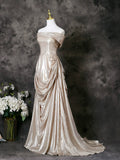 A-Line Off Shoulder Champagne Satin Prom Dress