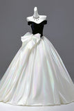 Navy Velvet & White Satin A Line Prom Dress