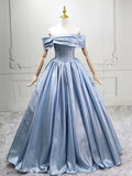 A-line Off Shoulder Satin Blue Ruched Prom Dress