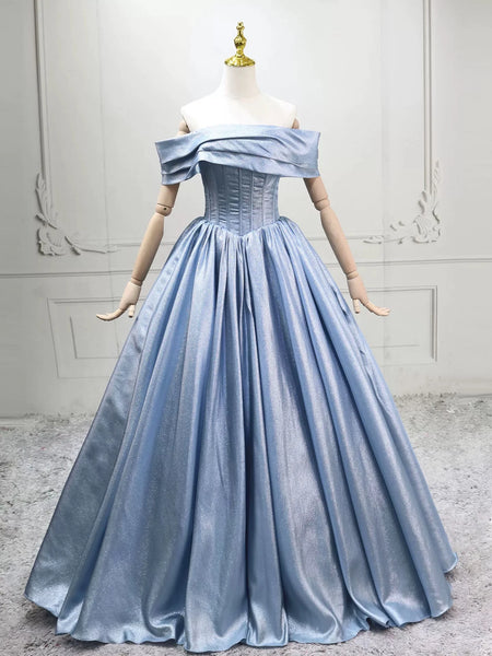 A-line Off Shoulder Satin Blue Ruched Prom Dress