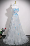 Silver Sequins & Blue Butterfly A Line Prom Dress