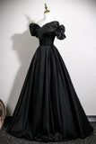 Black Off the Shoulder A Line Satin Prom Dress