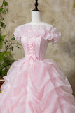 Pink Tulle Lace Ruffles Off The Shoulder Princess Prom Dress