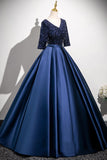 Navy Satin Sequins V Neck Half Sleeve Prom Dress