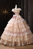 Vintage Pink Cascading Ruffles Lace Flower Prom Dress