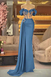 Draped Royal Blue Satin Off The Shoulder Mermaid Prom Dress