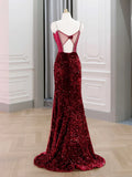 Mermaid Sequin Burgundy Spaghetti Straps Backless Prom Dress