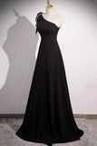 Black A Line One Shoulder Pearls Prom Dress