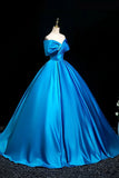 Ruffled Blue Satin Off The Shoulder Ball Gown Prom Dress