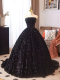 A Line Velvet Sequin Black Sweetheart Prom Dress