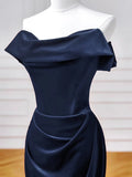 Mermaid Dark Blue Vevelt Off The Shoulder Ruched Prom Dress