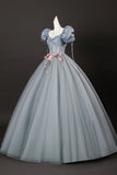 Gray Tulle Flowers A Line Short Sleeve Corset Prom Dress