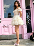 White Puffy Sleeve Short Mini Tulle Homecoming Dress