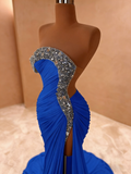 Crystal Royal Blue One Shoulder Ruched Tulle Prom Dress