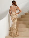 Fringe Shoulders Mermaid Skirt  Gold Sequin Prom Dress