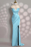 Side Slit Emerald Green Strapless Satin Prom Dress