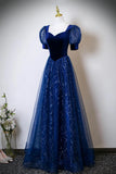 Blue Velvet & Tulle Sequin A Line Prom Dress