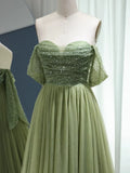 A Line Off Shoulder Tulle Sequin Green Prom Dress