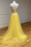 A Line Ruched Sweetheart Yellow Tulle Prom Dress